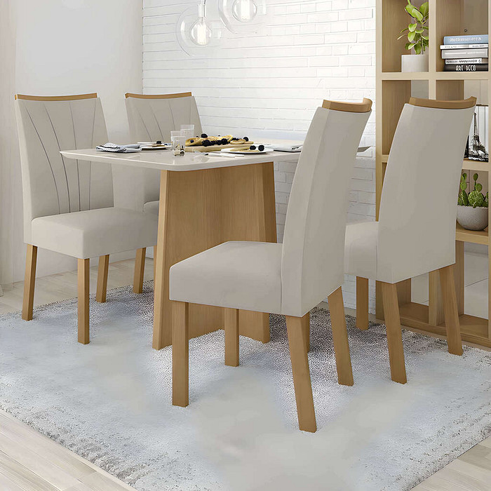 Mesa 4 Cadeiras Em MDF 120X80 Com Vidro Lopas Celebrare com Cadeira Apogeu Amendoa/Off White