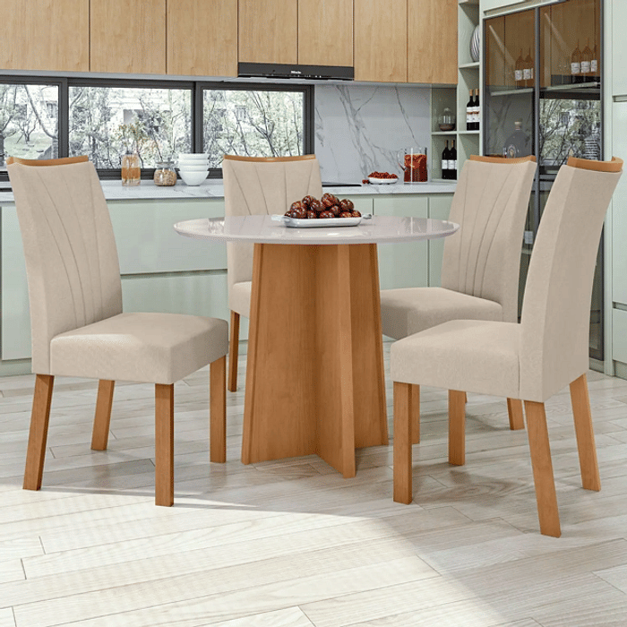 Mesa de Jantar Celebrare Redonda 1x1 com 4 Cadeiras Apogeu - Lopas Amendoa/Off White