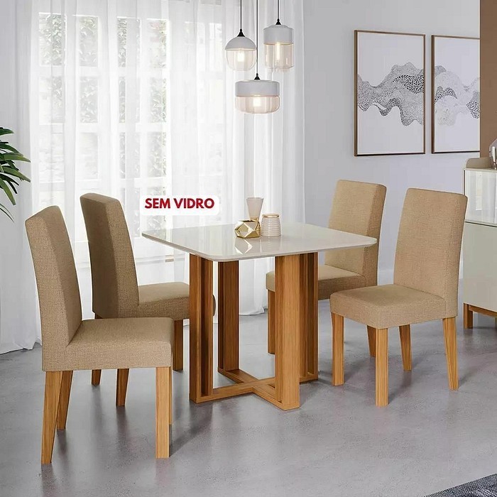 Conjunto Mesa Flora 94X94 Quadrada Sem Vidro com 4 Cadeiras Cimol Nature/Off White