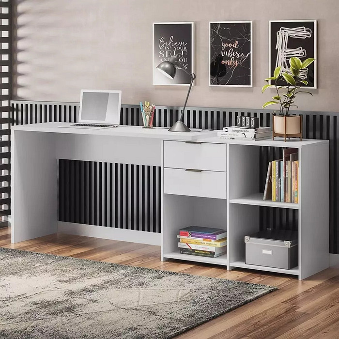 Mesa de Escritório Canto em L Articulada com 2 Gavetas Notável Oficce NT2060 Branco