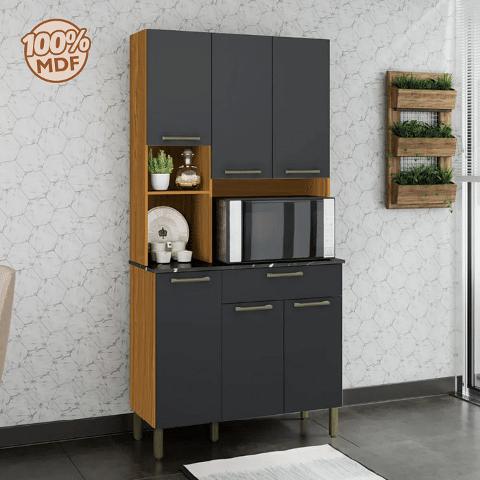 Armário de Cozinha Kit 6 Portas 1 Gaveta em MDF  Ronipa Tannat Amendoa/Chumbo