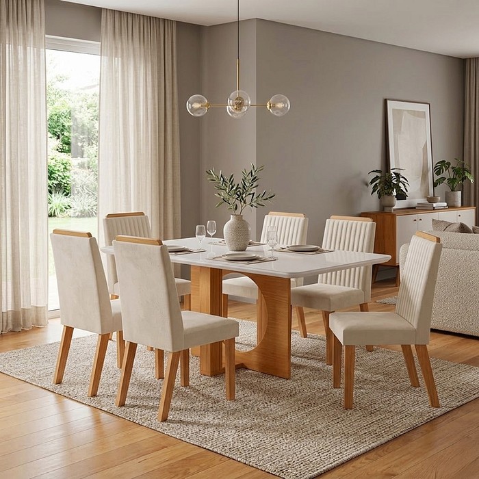 Conjunto Mesa Firenze 160x80cm com 6 Cadeiras Riviera Castanho/Off White Sued 164- LJ Móveis