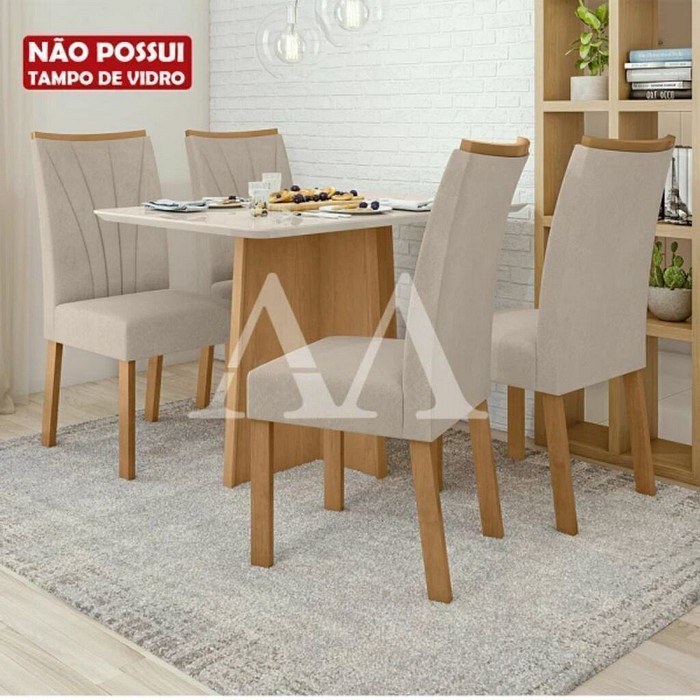 Mesa 4 Cadeiras Em MDF 120X80 Sem Vidro Lopas Celebrare com Cadeira Apogeu Amendoa/Off White