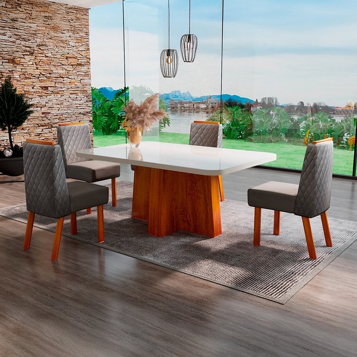 Conjunto Mesa Space  120x80 Tampo de Vidro com 04 cadeiras Fly Luxo NAT2028L  - Bom Pastor