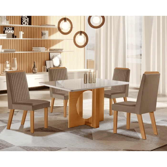 Conjunto Mesa Firenze 120x80cm com 4 Cadeiras Riviera Castanho/Off White Sued 163- LJ Móveis 