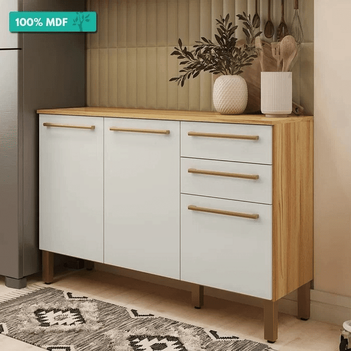 Balcão de Cozinha com Tampo em MDF 3 Portas 2 Gavetas Ronipa Carmenere 120cm Amendoa/Off White