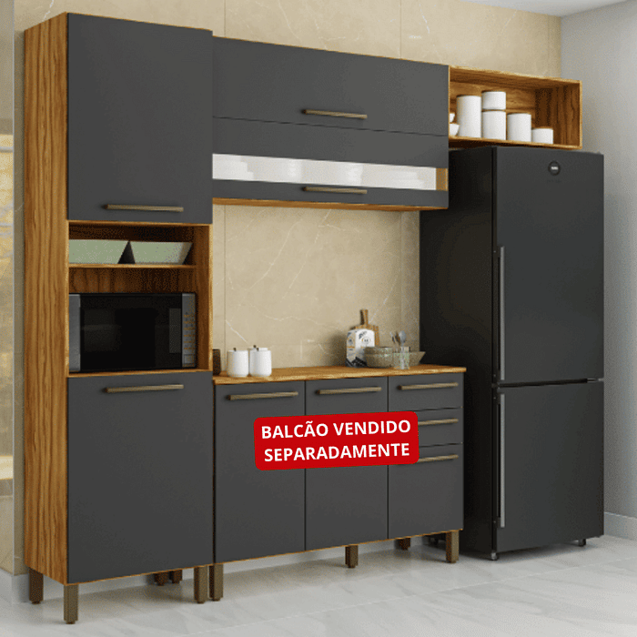 Cozinha Compacta em MDF Paneleiro + Aéreo de 200cm Ronipa Carmenere Amendoa/Chumbo