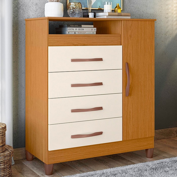 Cômoda para Quarto 4 Gavetas com Sapateira Albatroz Turquesa Cinamomo/Off White