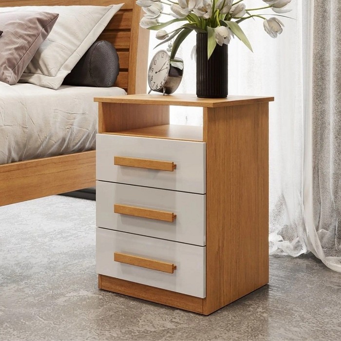 Mesa de Cabeceira 3 Gavetas Bianchi Móveis, Malibu com Pés - Nature/Off White