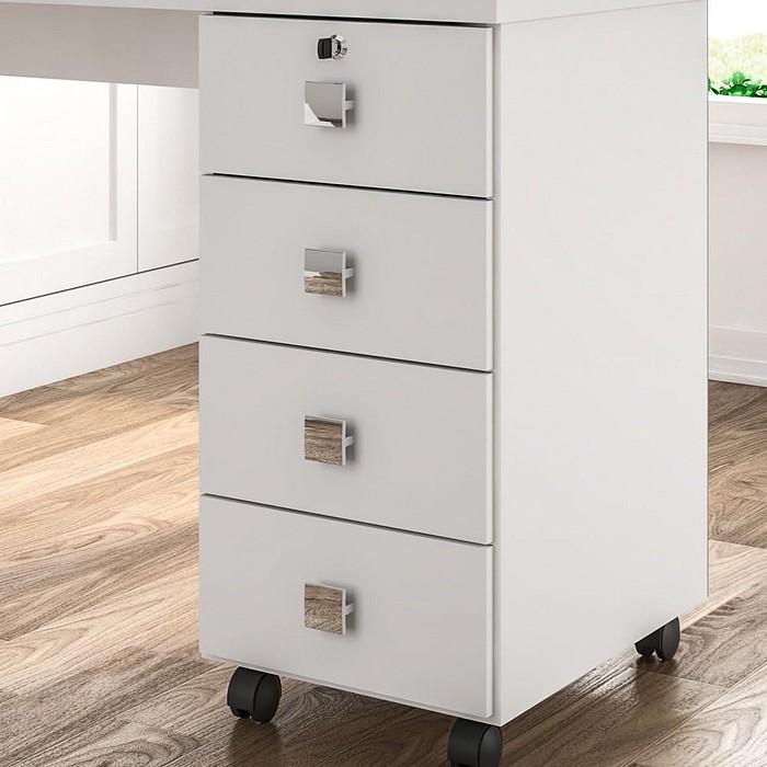 Escrivaninha Mesa Computador Lukaliam Dubai, 4 Gavetas, Rodízios, Branco Brilho