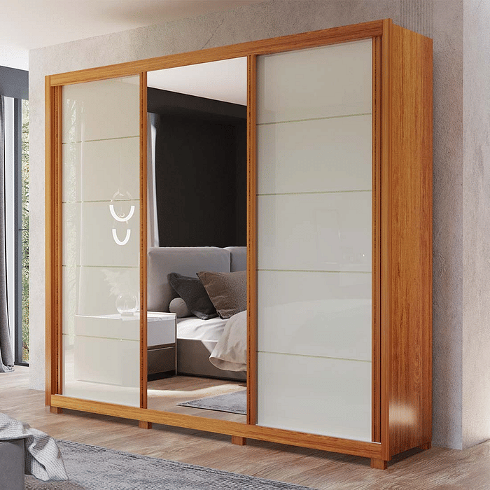 Guarda-Roupa Big 2.7 Anna Euro 100% MDF, com Espelho, 3 portas de correr, Nature/Off White - Bom Pastor