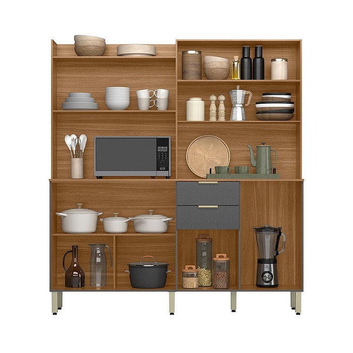 Kit Cozinha Compacta Pitaya 07 Portas e 2 Gavetas Demóbile - Amendoa/Grafito Texturado