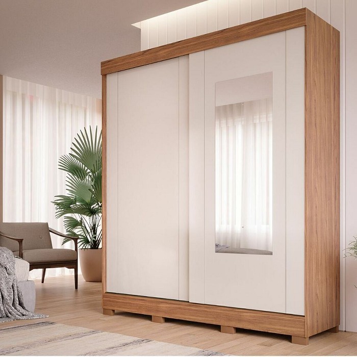 Guarda-Roupa Casal em MDF com Espelho, 2 Portas de Correr Ilhéus Cinamomo/Off White - Panan