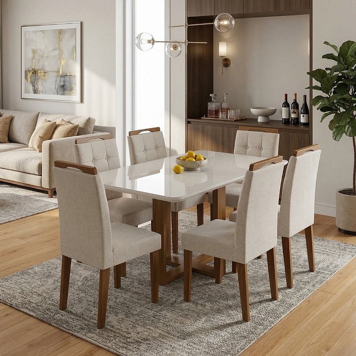 Conjunto de Jantar em Madeira Maciça Safira com 6 Cadeiras Pérola - Linho Bege