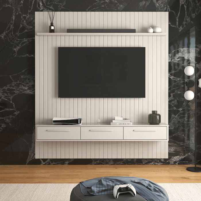 Painel Frisado Oslo 1.9 em MDF para TV até 75 Polegadas com Bancada Bali Off White - Lukaliam Móveis