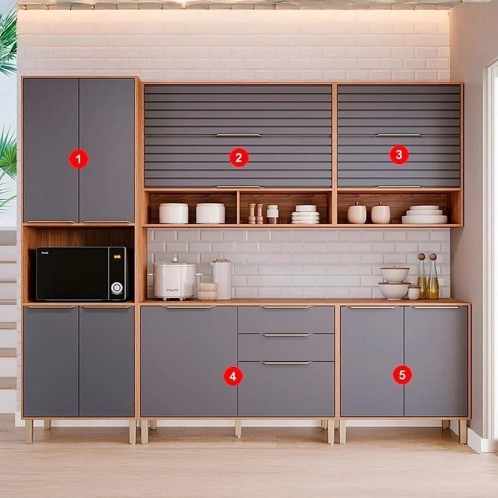 Cozinha Completa Modulada em MDF 5 Módulos MGM Esplêndida Freijó/Titanio
