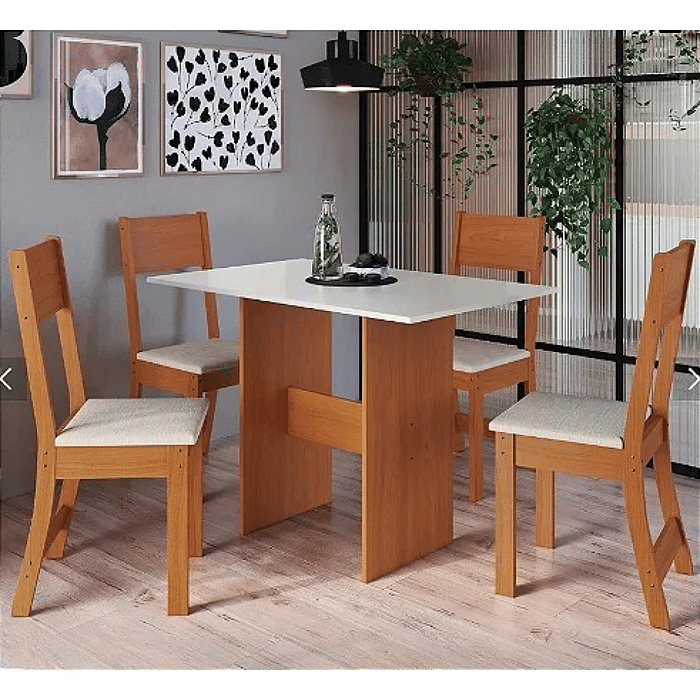 Conjunto Mesa Indékes Evora Lisboa 110cm com 4 Cadeiras - Freijó/Off White