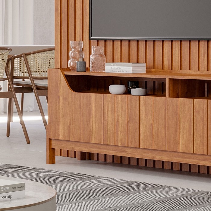 Rack com Painel 2.3 Ripado para TV 75 Polegadas 100% MDF Permóbili Moema Cinamomo