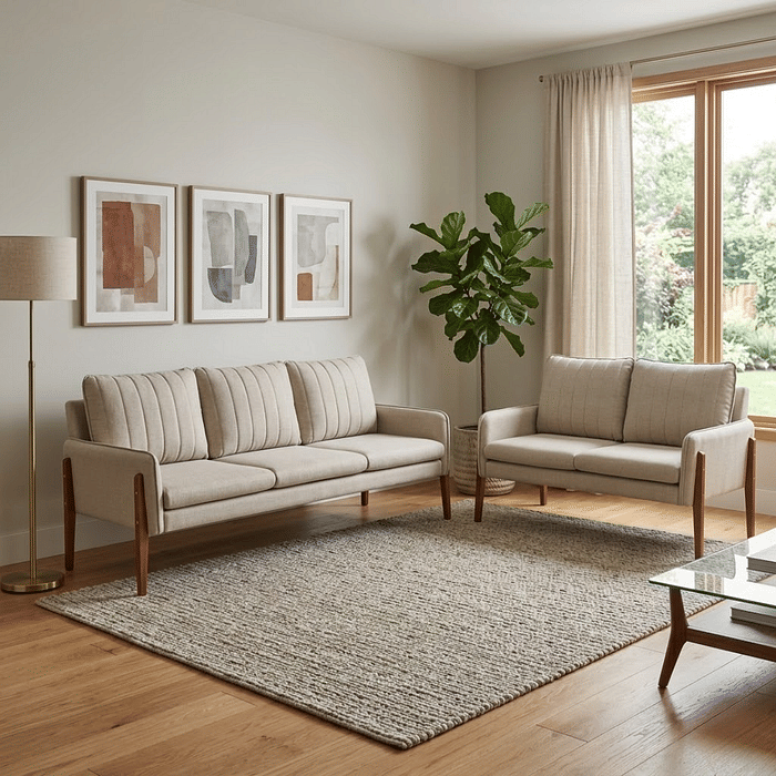 Conjunto Sofá Fã 2 e 3 Lugares Design Contemporâneo Espuma D28 Pés Madeira - Linho Bege 