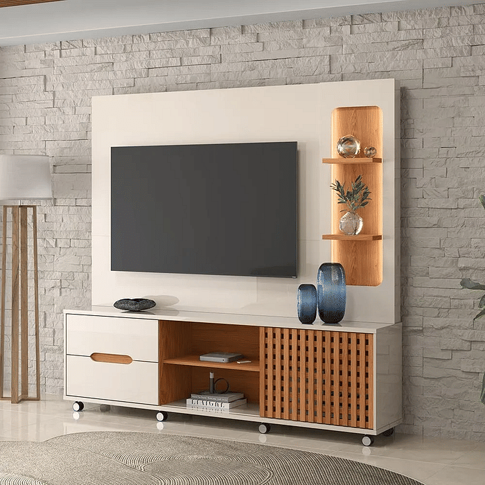 Estante Home Brise para TV até 75 Polegadas Lukaliam Off White New com Jequitibá