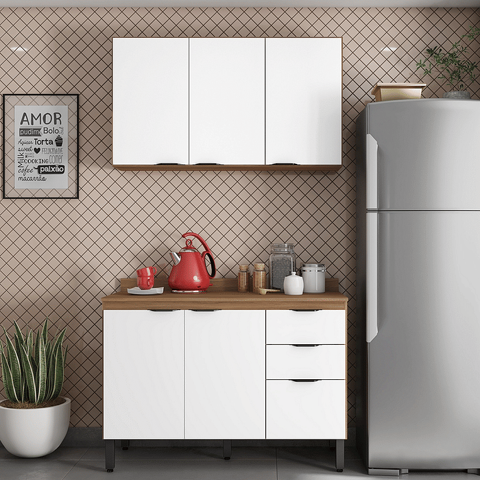 Cozinha Firenze 2 Módulos, Armário 120 com Balcão 120 Amêndoa com Branco - Demobile