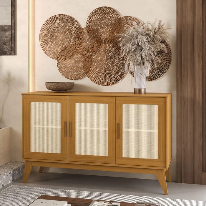 Buffet Aparador Andorra 3 Portas Tela Rattan Cedro/Cedro EDN