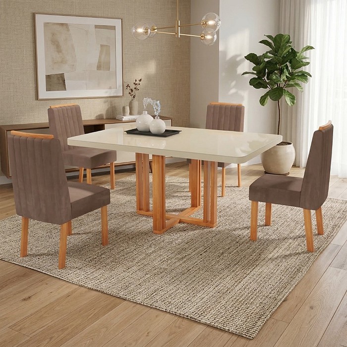 Mesa de Jantar Sentra 130x90 Tampo com Vidro, 04 cadeiras Nature/T3010 - Bom Pastor 
