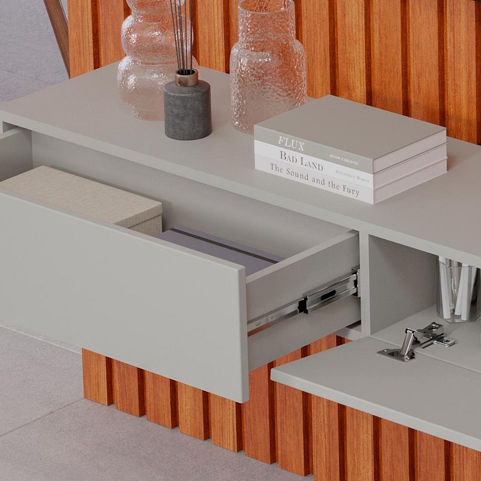 Painel Ripado para TV 75 Polegadas em MDF Permóbili Maragogi 230cm Cinamomo/Off White