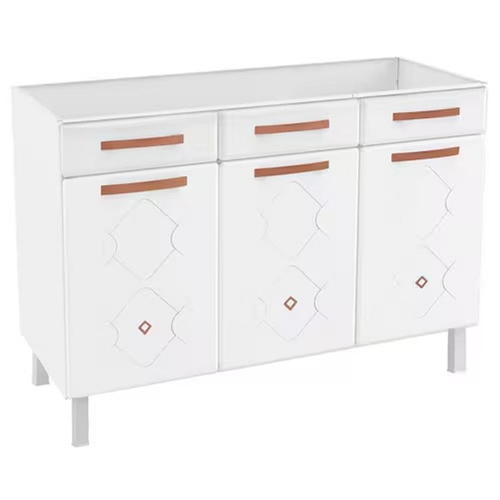 Balcão de Cozinha Triplo Mirage New 3 Portas 2 Gavetas 1 Frente Falsa para Pia Aço Branco Telasul