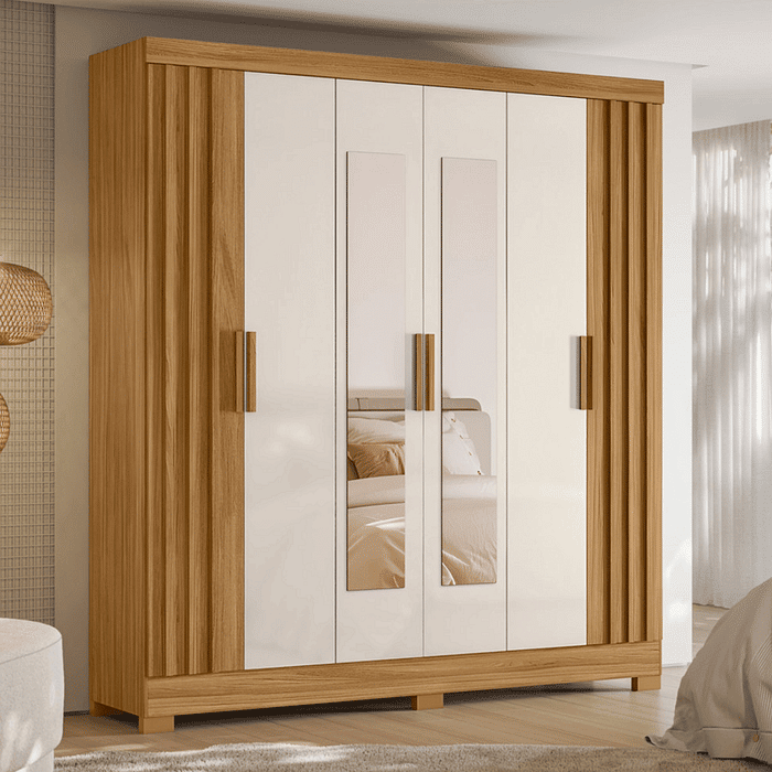 Guarda Roupa Casal Valênça 6 Portas Ripado com Espelho Freijo/Off White Moval