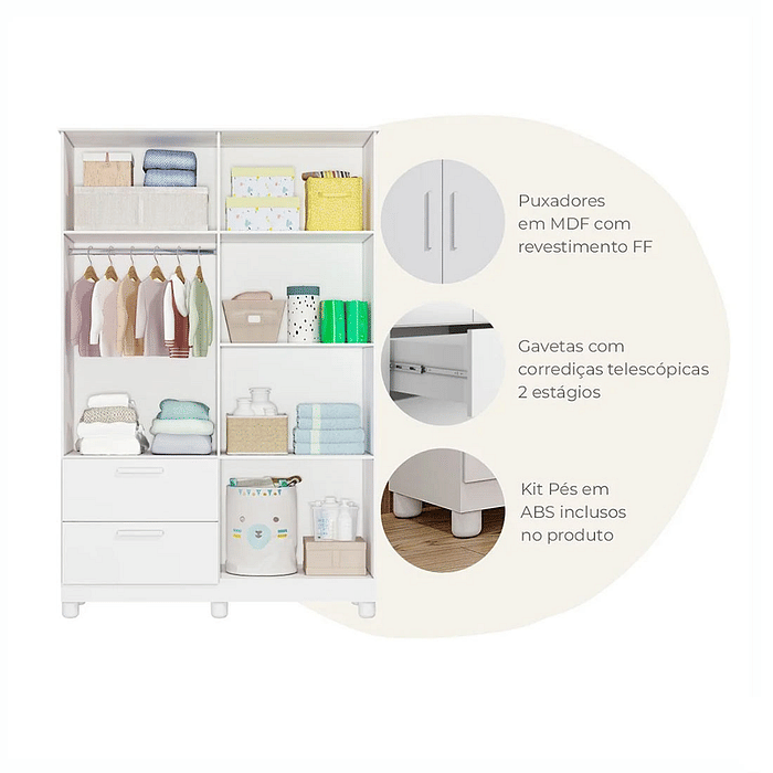 Guarda Roupa 4 Portas Infantil Jujuba 100% MDF Permóbili - Branco