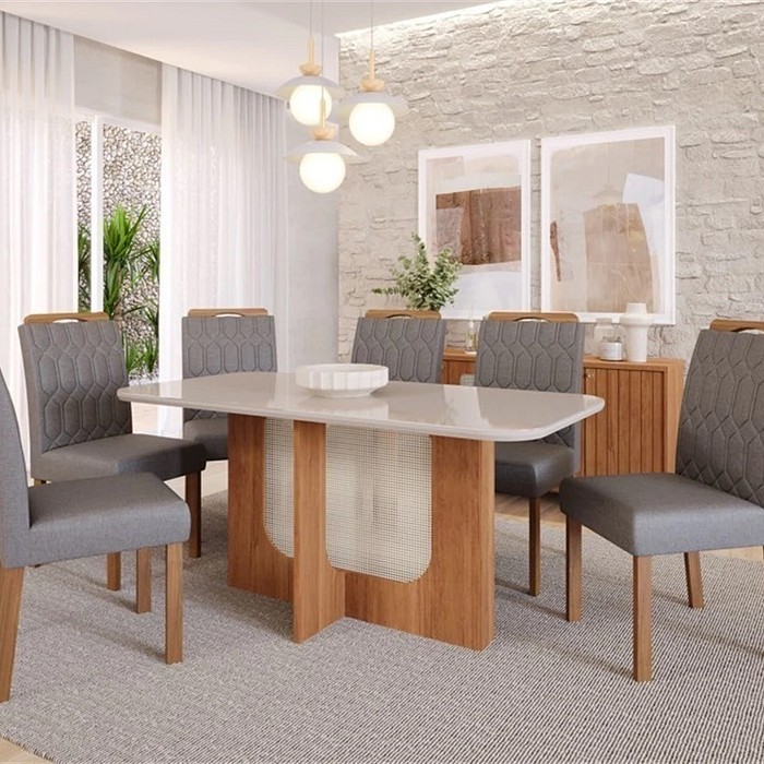 Conjunto de Mesa de Jantar Cimol Louise 160cm com 6 Cadeiras Paola Wood - Cinamomo e Grafite