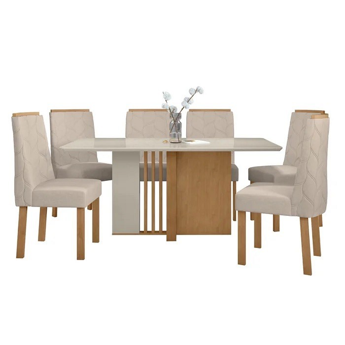 Conjunto de Mesa de Jantar Com 6 Cadeiras Lopas Astrid 160X80 Amendoa/Off White/ Linho Bege