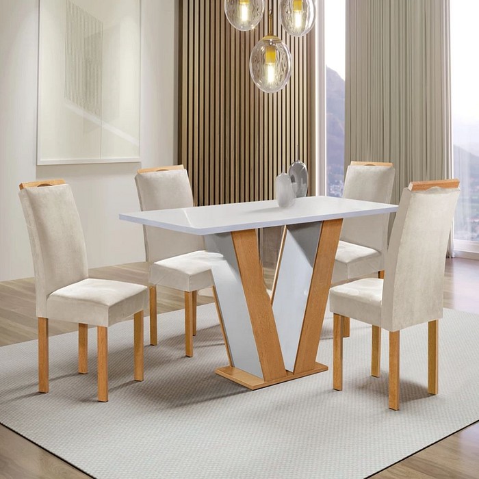 Mesa Qatar com 4 Cadeiras Londres 120x80cm Sem Vidro Cinamomo/Off White - Cel Móveis