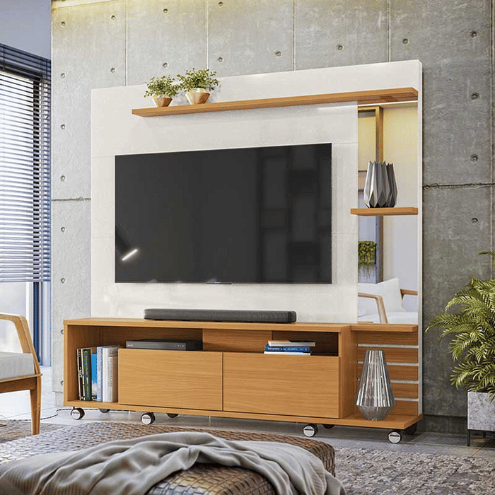 Estante Home Para TV 55 Polegadas com Rodízios Lukaliam Savana - Off White Perolizado/Tauari