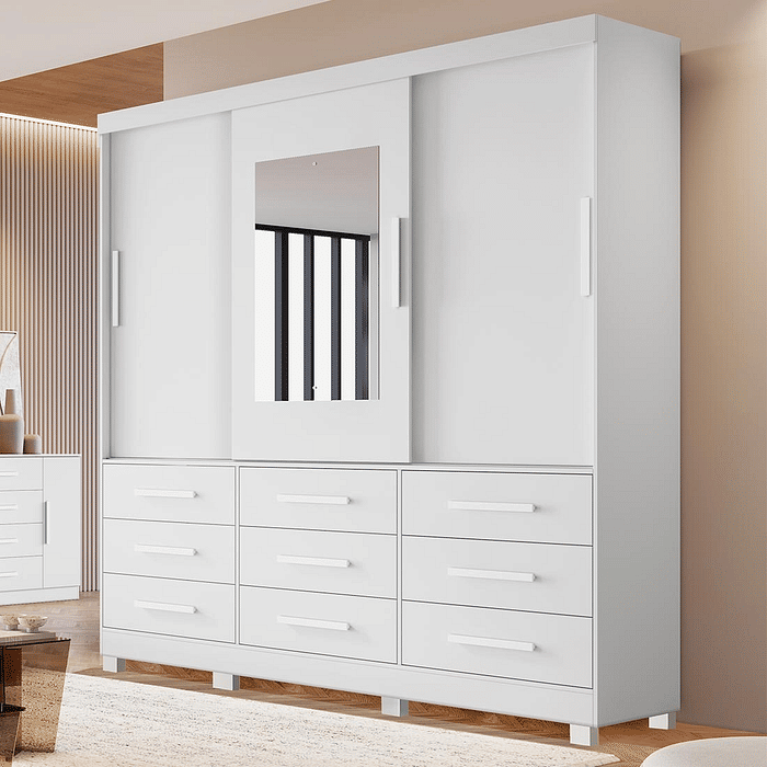 Guarda-Roupa Casal Athenas com Espelho 3 Portas 9 Gavetas Branco - Bianchi