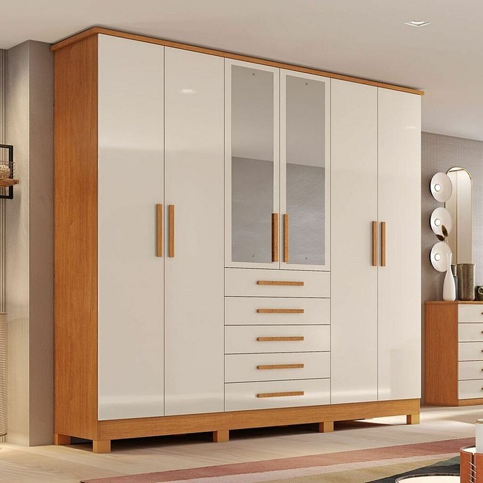 Guarda-Roupa Casal Com Espelho 6 Portas em MDF Bianchi Clara Naturall/Off White