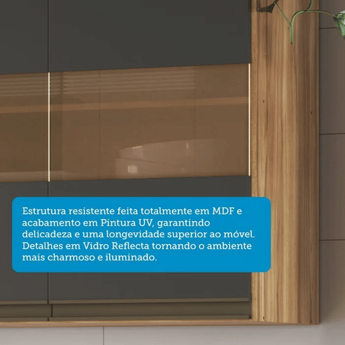 Armário Aéreo P/ Cozinha Chardonnay 3 Portas C/ Vidro Reflecta120cm Amendoa/chumbo - Ronipa