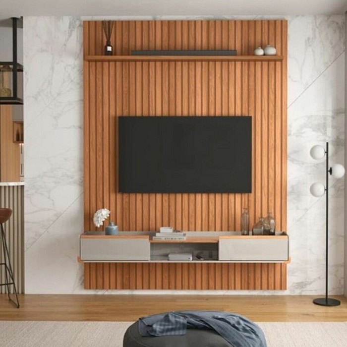Painel Frisado Oslo 1.9 em MDF para TV até 75 Polegadas com Bancada Atlas Jequitiba/Off White - Lukaliam Móveis