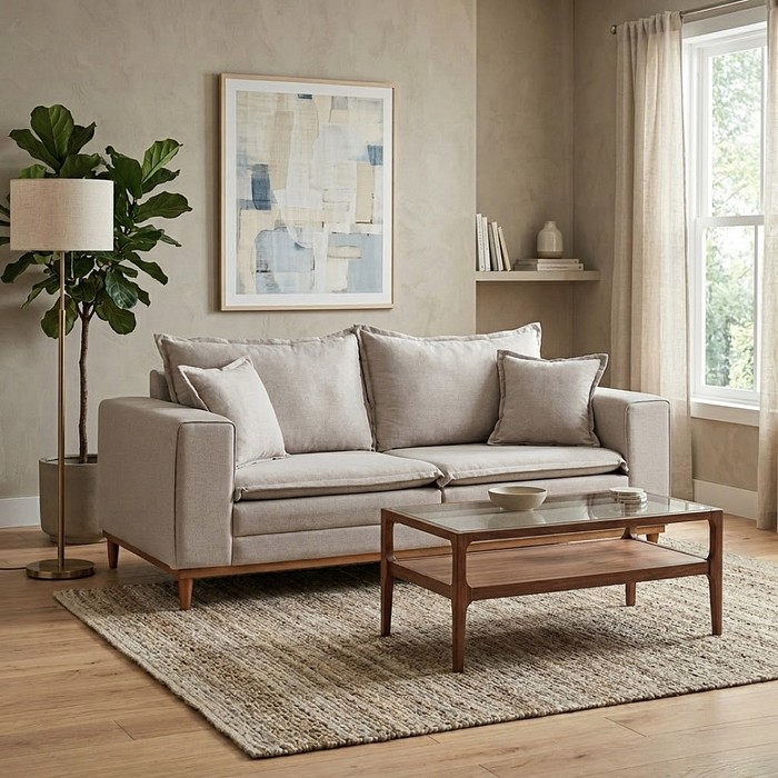 Sofá Búzios 3 Lugares 2,00m com Pillow – Assento em Espuma D33 e Pés de Madeira - Bege - Design