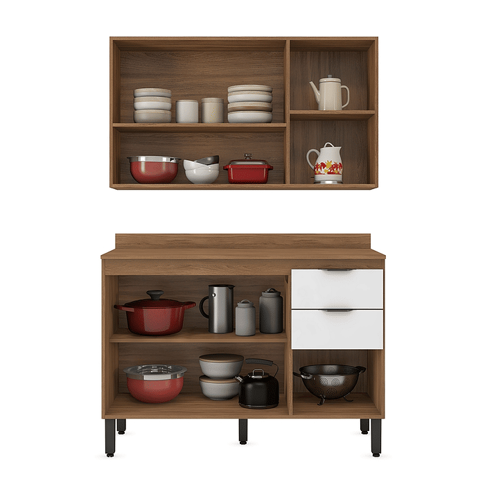 Cozinha Firenze 2 Módulos, Armário 120 com Balcão 120 Amêndoa com Branco - Demobile