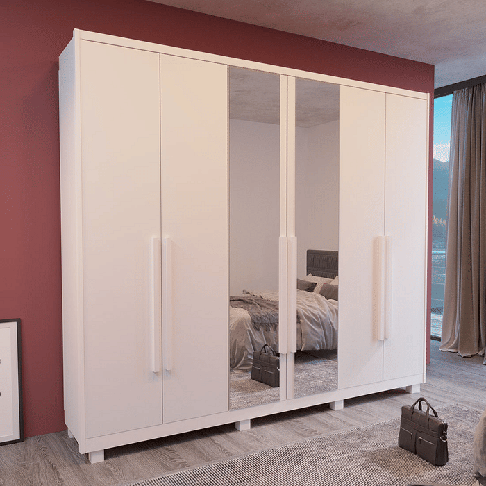 Guarda-Roupa Casal Com Espelho Em MDF 6 Portas Bom Pastor Primore Branco