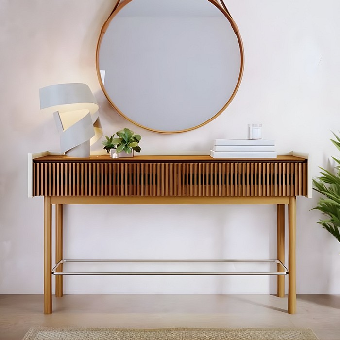 Aparador Dune Ripado 140cm Imcal 2 Gavetas Fecho Toque Madeira Maciça Corrediças Telescópicas - Off White/Nature 