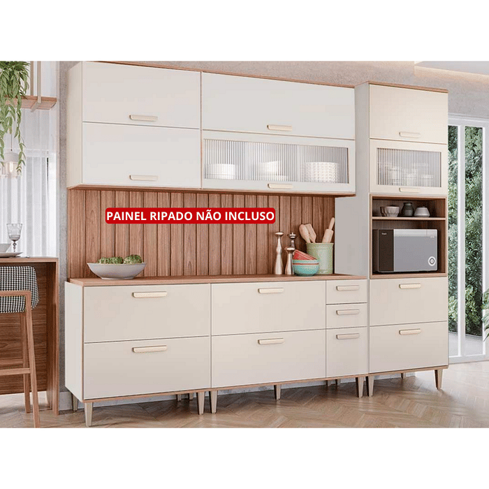 Cozinha Completa Bella 100% MDF 5 Peças (2aéreos+2balcões+1paneleiro)  Off White/Freijo - MGM