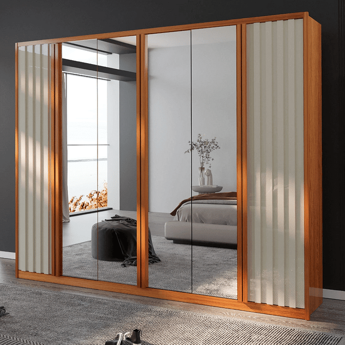 Guarda-Roupa Casal Com Espelho Em MDF 6 Portas, Madrid Boss Ripado  Naturalle/Off White - Bom Pastor