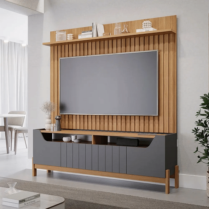 Rack Moema com Painel 1.8 Trend Ripado para TV 70 Polegadas em MDF Permóbili - Nature/Chumbo