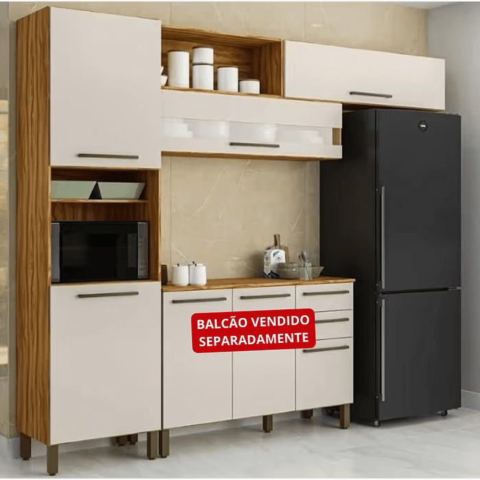 Cozinha Compacta em MDF Paneleiro + Aéreo de 200cm Ronipa Carmenere Amendoa/Off White