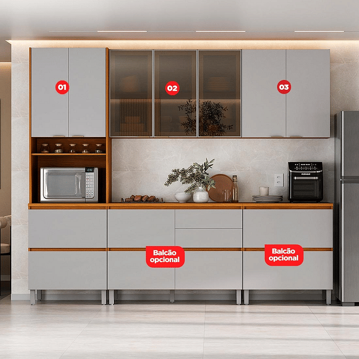 Cozinha Itatiaia Lúmina 3 Módulos 270cm em MDF Cinamomo/Fendi