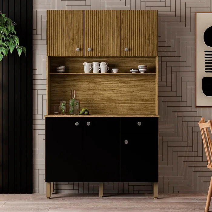 Armário de Cozinha Kit 6 Portas Style Frisado Freijó/Nero - Kits Paraná