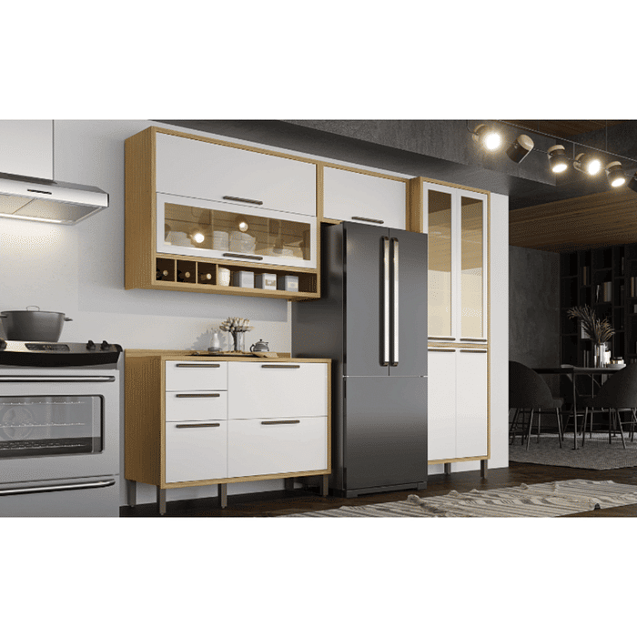 Cozinha Completa Syrah 4 Peças 100%MDF (2 Armários + 1 Balcão + 1 Paneleiro) Amendoa/branco Ronipa 